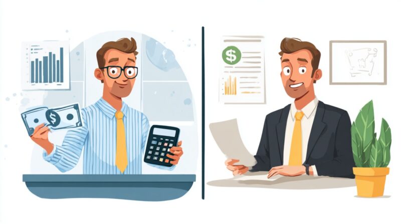 Illustration of two men in business attire comparing financial documents and health insurance provider options