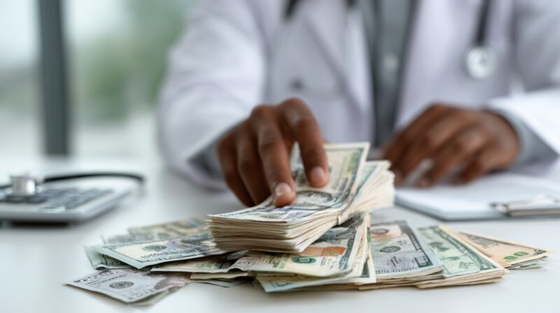 Doctor handling stacks of cash, symbolizing high healthcare or insurance costs