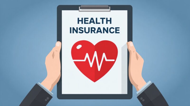 Illustration of hands holding a clipboard labeled "Health Insurance" with a red heart and ECG line