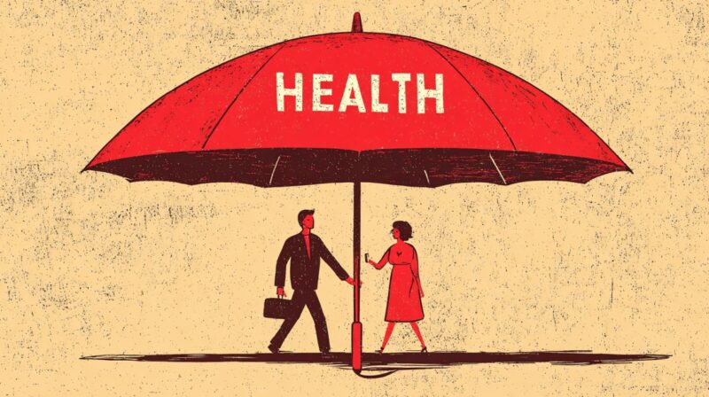 Illustration of a man and woman standing under a large red umbrella labeled "Health," symbolizing health insurance protection